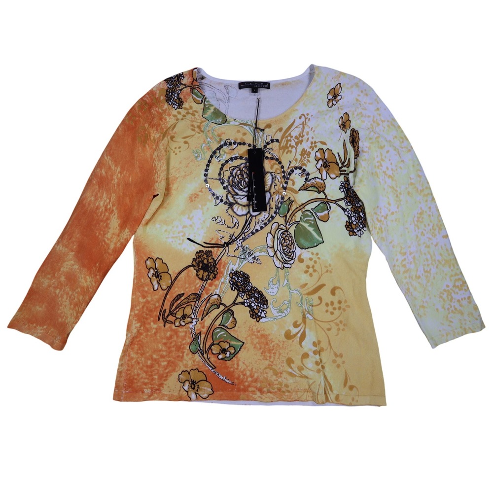 Pierri New York Top Womens Large Y2K Yellow Floral Sequin Beaded 3/4 Sleeve NEW
